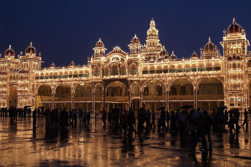 Mysore City of Palaces illuminated at night, promoting virtual office for GST registration