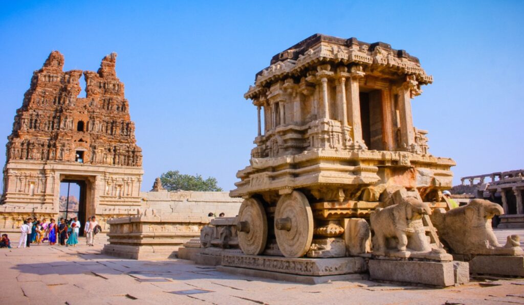 Scenic view of the historical ruins of Hampi in Karnataka, India, highlighting the architectural marvels