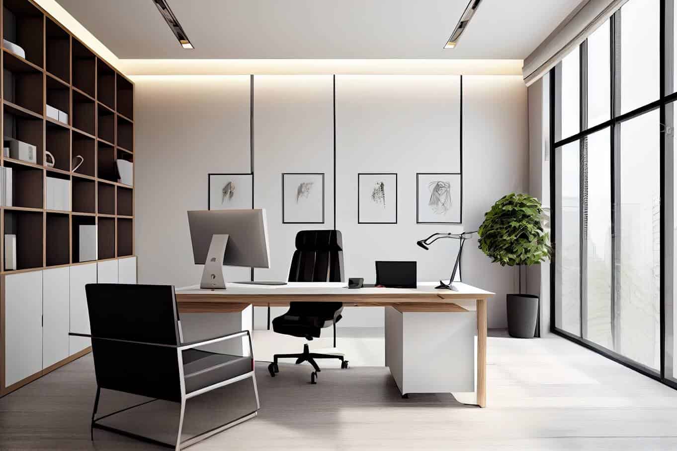 Modern office interior in Maharashtra with attractive wallpaper, cabin, table, chair, lamp, bookshelf, and AC